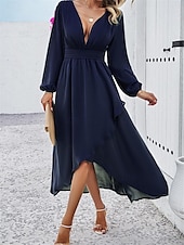 voordelige Chiffon Jurken-Dames Maxi-jurk Casual jurk Cocktail jurk Bruiloft gast jurk Chiffon jurk Elegant Maxi Casual Werk Straat Feestdagen Normale pasvorm Lange mouw V-hals Zwart Rood Marineblauw Groen Herfst