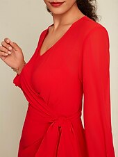 رخيصةأون فساتين الحفلات-فستان شيفون أحمر سادة لحفلات الزفاف/حفلات الضيوف برباط أمامي ملفوف بأكمام طويلة طقم فستان لإبهار 2024