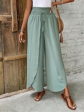 abordables jambe large et taille haute-Femme Ample Pantalon Mode Longue Plein Cordon Fendu Respirabilité Confortable Micro-élastique Casual Quotidien Vert Printemps été Ample