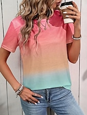 billige Kunst &amp; Design t-skjorte-dame t-skjorte uformell gradient print kortermet vanlige topper rund hals daglig blå lilla grønn regnbue sommer