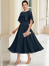 voordelige Vloerlengte-Strand Bruiloft A-Lijn Moeder van de Bruid Jurk Elegante Sierlijke Hals Thee Lengte Chiffon Halve Mouw met Kant maat op maat