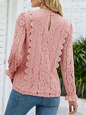 abordables Hauts en dentelle-Hauts en dentelle élégants pour femmes Blouse en œillets Élégant Haut en dentelle uni à manches lanternes à manches longues col en V Hauts romantiques petits pour l&#039;été Vacances de l&#039;été Rose Bleu