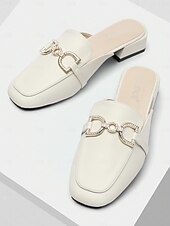 preiswerte Clogs &amp; Pantoletten für Damen-weiße Damen-Pantoletten aus Leder mit Strass-Schnalle – elegante Slipper zum Hineinschlüpfen für lässige und formelle Outfits