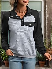 billige Teksturert hettegensere og sweatshirt-Dame Teksturert genser Fargeblokk Fritid Langermet Crew-hals Vanlige topper Hverdag Svart Høst vinter