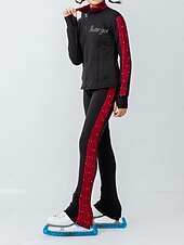 billige Figur skating treningsantrekk-Fleecejakke til skøyteløp Bukser til kunstløp Jakke og bukser til kunstløp Dame Jente Skøyteløp Jakke Strømpebukse Drakter Svart / Rød Lapper Tommelhull Spandex Elastisk Trening Profesjonell
