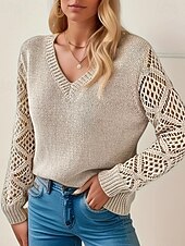 preiswerte Einfarbige Farben-Damen Pullover Elegant Feste Farbe Gehäkelt V Ausschnitt Strick Langarm Normale Oberteile Stricken Täglich Blau Fuchsie Frühling Herbst