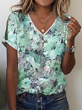 cheap T-shirts-Women's T Shirt Floral Basic Short Sleeve V Neck Regular Tops Holiday Weekend Cut Out Buttons Print Yellow Pink Blue Green