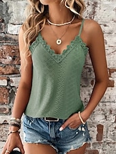 baratos Camisolas &amp; Baby Dolls de mulher-Camiseta regata feminina branca amarela rosa lisa com corte de renda moda de rua ajuste regular S