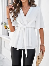 tanie Eleganckie topy-Damskie Koszula Eleganckie topy Jednokolorowe Równina Elegancja Elegancki Rękaw 1/2 W serek Praca Codzienny zawiązać z przodu Z marszczeniami Czarny Biały Królewski błękit Chłodny róż Lato Wiosna