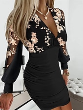 abordables Robe de cocktail-Femme Mini robe Robe élégante mode Grande occasion robe demoiselle d honneur Soirée Cocktail Standard Floral manche longue Col V Noir bleu marine Kaki Automne