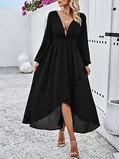 voordelige Chiffon Jurken-Dames Maxi-jurk Casual jurk Cocktail jurk Bruiloft gast jurk Chiffon jurk Elegant Maxi Casual Werk Straat Feestdagen Normale pasvorm Lange mouw V-hals Zwart Rood Marineblauw Groen Herfst
