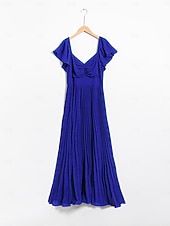 cheap Special Occasion Dresses-Royal Blue Chiffon Pleated Wedding Guest/Party A Line V Neck Short Sleeve Maxi Dress dress to impress 2024