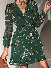 preiswerte Elegante Blumenkleider-Damen Freizeitkleid formelles Kleid Blumendruck V-Ausschnitt Minikleid stilvoll lässig täglich Date Langarm Sommer