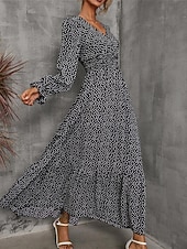 olcso Elegáns virágos ruhák-Női Hosszú ruha Maxi ruha Ünnepi ruha A vonalú ruha Elegáns Stílusos Napi Normál Virágos Hosszú ujj V-alakú Fekete Fehér Arcpír rózsaszín Medence Ősz
