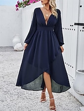 voordelige Chiffon Jurken-Dames Maxi-jurk Casual jurk Cocktail jurk Bruiloft gast jurk Chiffon jurk Elegant Maxi Casual Werk Straat Feestdagen Normale pasvorm Lange mouw V-hals Zwart Rood Marineblauw Groen Herfst