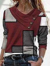 cheap Stripe&amp;Geometric tee-Women&#039;s T Shirt Geometric Abstract Daily Basic Long Sleeve Pile Neck V Neck Regular Tops Casual Weekend Buttons Print Red Navy Blue Blue Sky Blue Green Fall &amp; Winter