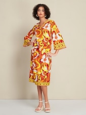 economico abito casual stampato-Abito midi con scollo a V e maniche a 3/4 con cravatta in raso sul davanti