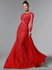 economico BLU-Abito da festa sirena Madre della Sposa Abito Ospite di matrimonio Elegante Collo gioiello Treno a strascico  spazzola Stretch raso Manica lunga con pizzo paillettes arricciato per impressionare 2025