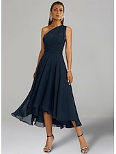 abordables Robes pour invitées de mariage-Robes de Mariage Invité A-Line Robe Élégante Formelle Fête de Mariage Longueur Thé Sans Manches Une Épaule Invité de Mariage Automne Chiffon avec Fronces 2025