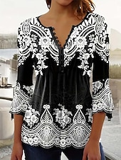 billige Boho t-skjorte-Kvinners Tunika T Skjorte Grafisk Elegant Retro 3/4 Lengde Ermer Notched Hals Vanlige Topper Daglig Utgående Volang Knapper Svart Vår Høst