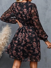 preiswerte Elegante Blumenkleider-Damen Freizeitkleid formelles Kleid Blumendruck V-Ausschnitt Minikleid stilvoll lässig täglich Date Langarm Sommer