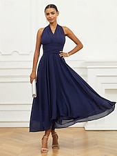 abordables Robes de vacances-Robe Trapèze Femme Robe mi-longue Ruché Ceinturé robe demoiselle d honneur Soirée Cocktail Elégant Grande occasion Une Epaule Sans Manches Ample bleu marine S M L XL 2XL
