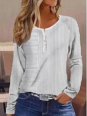 ieftine tricou boho-Tricou pentru femei cu Dungi Zilnic Casual Mâneci Lungi Gât în V Cămașă Regula Zilnic Sărbătoare Butoane Roz Roșu Gri Primăvară Toamnă Iarnă