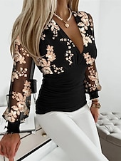 voordelige Elegante topjes-Dames Overhemd Blouse Bloemig Modern Lange mouw V-hals Normale tops Werk Dagelijks Lapwerk Afdrukken Marineblauw Khaki Herfst