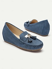 billiga Lätta damskor-dam loafers i blå mocka med tofsar – bekväma slip-on mockasiner för vardagligt och vardagsbruk