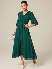 cheap Cocktail Dress-Women&#039;s Midi Dress Green Solid Color V-Neck Half Sleeve Ruffled Sophisticated Chic Zip-Back Summer Semi-Formal Wedding Party Evening Elegant Flowy Lightweight Apparel
