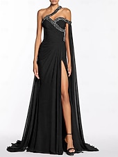 cheap BLACK-A-Line Evening Gown Elegant Dress Formal Floor Length Sleeveless One Shoulder Chiffon with Sequin