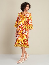 economico abito casual stampato-Abito midi con scollo a V e maniche a 3/4 con cravatta in raso sul davanti