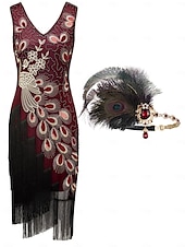 olcso Öltözetek-Retró Ordító 20-as évek 1920-as évek Flapper ruha Flapper fejpánt A nagy Gatsby Flapper lány Esküvői Vendég Flitter Rojt Toll Jelmez Női Menyegző Ruha Klub Felnőttek Ruha Fejfedők Hazatérő ruhák