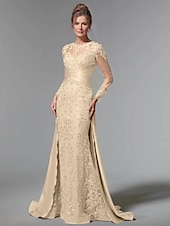 economico BLU-Abito da festa sirena Madre della Sposa Abito Ospite di matrimonio Elegante Collo gioiello Treno a strascico  spazzola Stretch raso Manica lunga con pizzo paillettes arricciato per impressionare 2025
