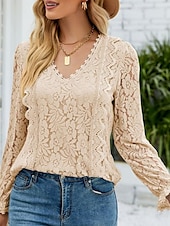 abordables Hauts en dentelle-Hauts en dentelle élégants pour femmes Blouse en œillets Élégant Haut en dentelle uni à manches lanternes à manches longues col en V Hauts romantiques petits pour l&#039;été Vacances de l&#039;été Rose Bleu