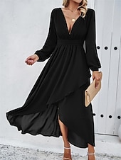 voordelige Chiffon Jurken-Dames Maxi-jurk Casual jurk Cocktail jurk Bruiloft gast jurk Chiffon jurk Elegant Maxi Casual Werk Straat Feestdagen Normale pasvorm Lange mouw V-hals Zwart Rood Marineblauw Groen Herfst