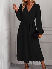 preiswerte abendkleider-Damen Casual kleid Maxidress mit Schnürung Rüsche Verabredung Urlaub Elegant Strassenmode V Ausschnitt Langarm Schwarz Rosa Dunkelgrün Farbe