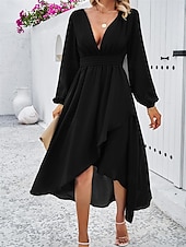 voordelige Chiffon Jurken-Dames Maxi-jurk Casual jurk Cocktail jurk Bruiloft gast jurk Chiffon jurk Elegant Maxi Casual Werk Straat Feestdagen Normale pasvorm Lange mouw V-hals Zwart Rood Marineblauw Groen Herfst