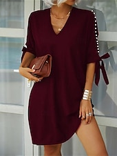 preiswerte Blumenkleider-Damen Casual kleid Minikleid Patchwork Kalte Schulter Urlaub Strassenmode Basic V Ausschnitt Halbe Ärmel Schwarz Wein Marineblau Farbe