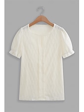 cheap Plain tee-Women&#039;s White Elegant Lace Tops Eyelet Blouse Dressy Tops Plain Regular Tops Short Sleeve Puff Sleeve V Neck Lace Regular Fit Vacation Daily Romantic Petite Tops Summer Holiday Wear Blue Purple Khaki