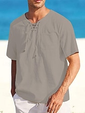 cheap Vacation-Men&#039;s Shirt Linen Shirt Cotton Linen Shirt Summer Shirt Beach Shirt Plain Vacation Casual Black White Pink Blue Short Sleeve V Neck Summer Clothing Apparel Drawstring