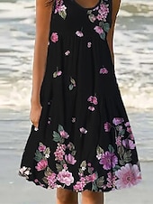 billiga Blommiga klänningar-Kvinnors Mini Klänning Petite Klänning Sommarklänning Skift Klänning Volang Klänning Semester Avslappnad Utomhus Semester Dags Regular Fit Blommig Ärmlös U-Hals Blå Lila Fuchsia Grön Sommar Vår