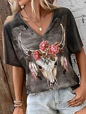 economico Maglietta Animali-maglietta da donna casual floreale stampa mucca manica corta top regolari scollo a V quotidiano marrone estate