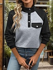 billige Teksturert hettegensere og sweatshirt-Dame Teksturert genser Fargeblokk Fritid Langermet Crew-hals Vanlige topper Hverdag Svart Høst vinter