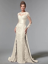 economico BLU-Abito da festa sirena Madre della Sposa Abito Ospite di matrimonio Elegante Collo gioiello Treno a strascico  spazzola Stretch raso Manica lunga con pizzo paillettes arricciato per impressionare 2025