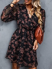 preiswerte Elegante Blumenkleider-Damen Freizeitkleid formelles Kleid Blumendruck V-Ausschnitt Minikleid stilvoll lässig täglich Date Langarm Sommer