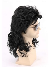 economico Parrucche storiche-Parrucche per uomini anni &#039;80 mullet parrucca nera riccia maschile costumi carnevale parrucca rocker punk lunga Parrucche di Halloween