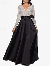 abordables NOIR-Robe de soirée A-Line élégante robe formelle longueur de sol manches longues décolleté en V invité de mariage d&#039;automne satin avec poche en sequins 2025