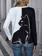 economico Maglietta Animali-Per donna maglietta Color Block Gatto Di tendenza Manica lunga A V Top regolari Giornaliero Stampa Bianco / Nero Primavera &amp; Autunno