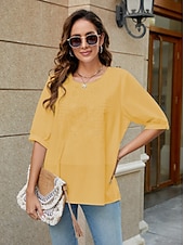 abordables Chemises-Femmes Chemise Chemises inspirées du lin Couleur Unie Fleuri Occasionnel Boho Manche 3/4 Manches au coude Col ras du cou Hauts Réguliers Vacances Soirée Quotidien Broderie Blanche Jaune Kaki Automne